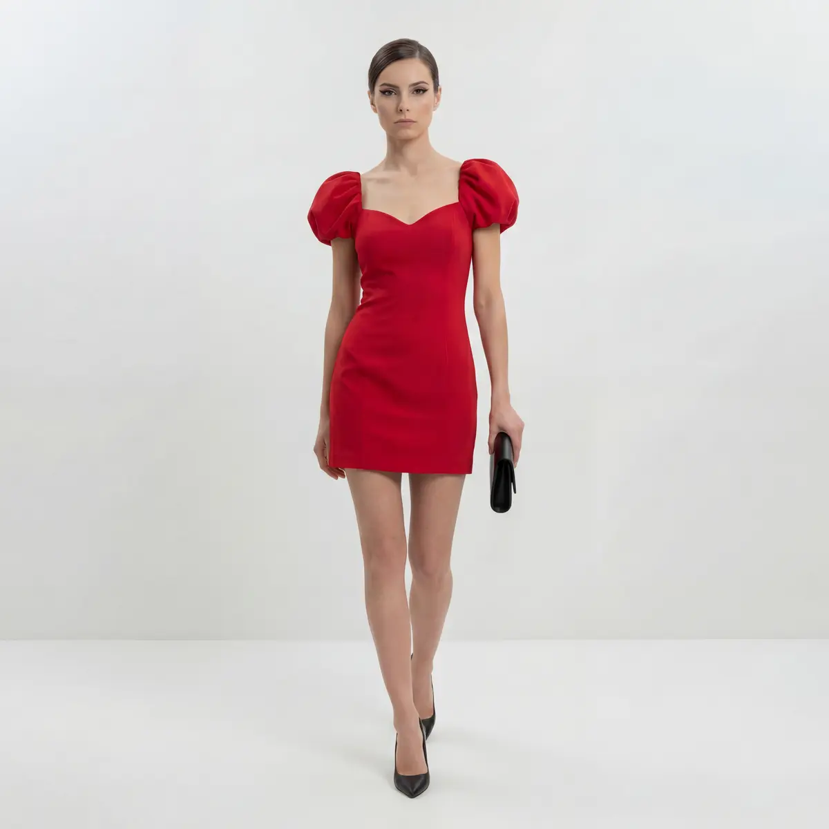 Mini vestido rojo con mangas abullonadas — Front View Full Body Dynamic