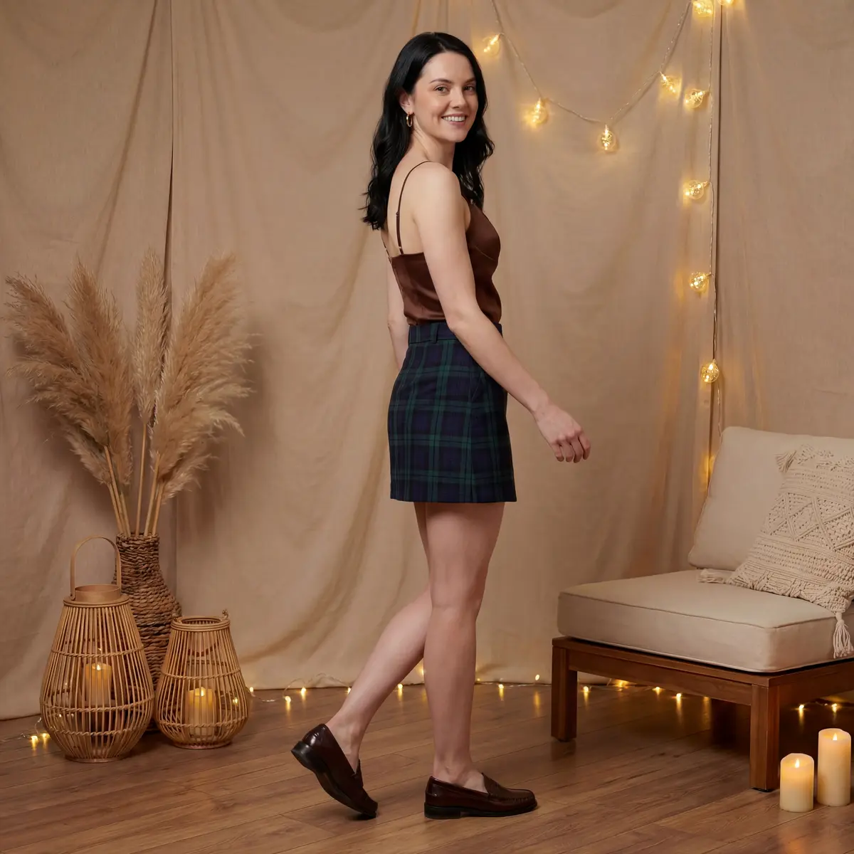 Top Cami Bustier de Satén Marrón — Front View Full Body Three Quarter Dynamic