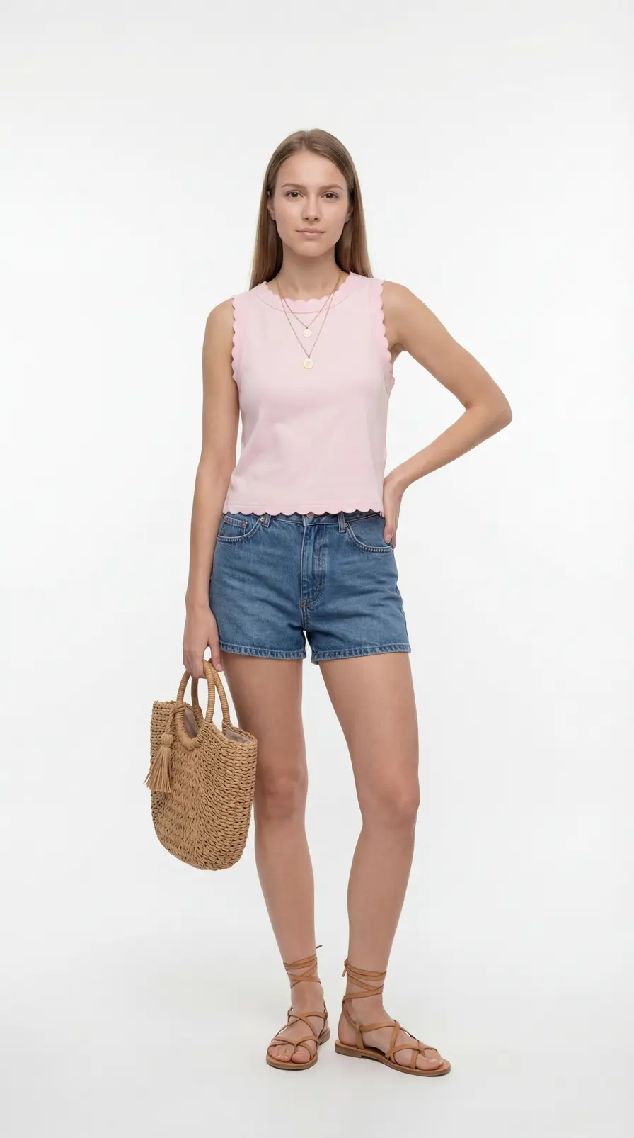 Top sin mangas rosa con ribete festoneado