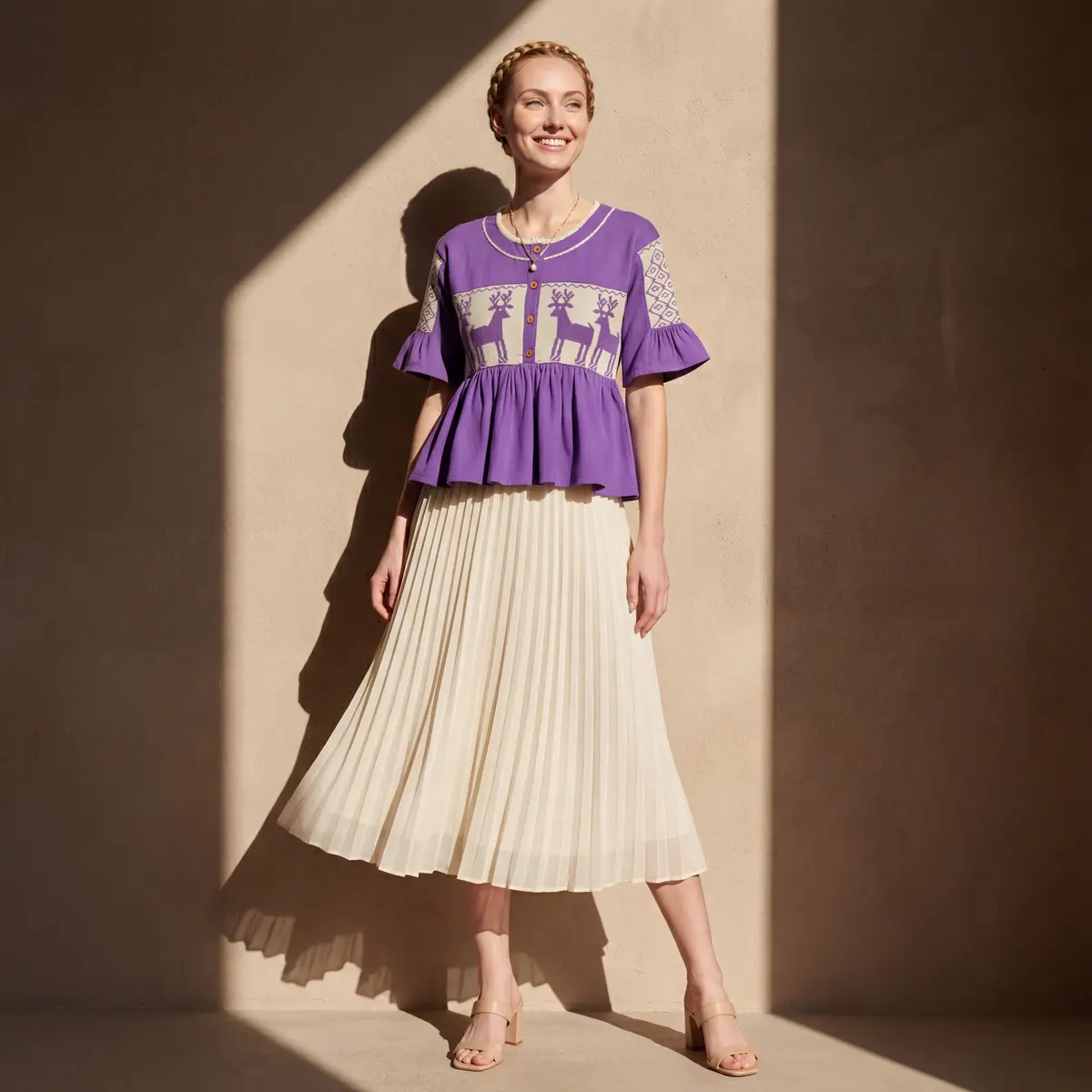 Top peplum morado con bordado de renos y mangas con volantes