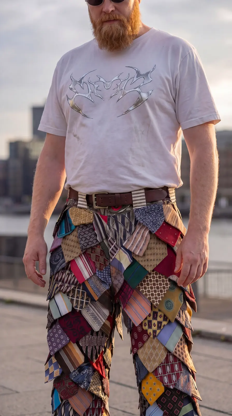 Pantalones de patchwork de corbatas — Front View Close Up