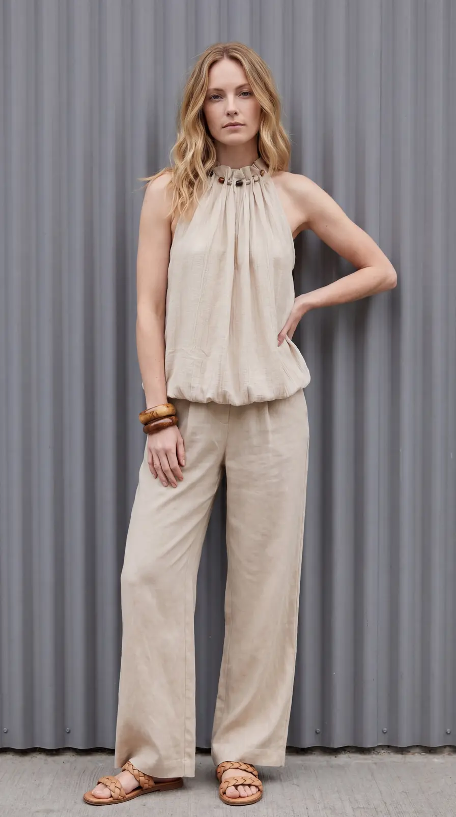 Top sin mangas beige con cuello fruncido y detalle de adornos