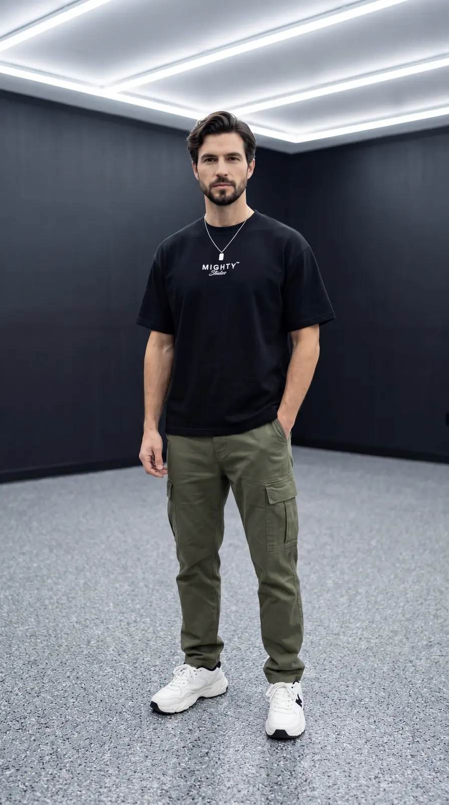 Camiseta negra con el logotipo 'MIGHTY Studios'