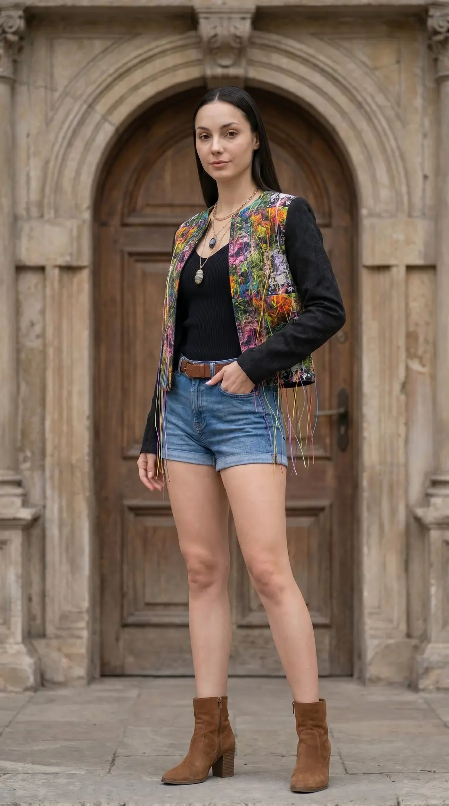Sobreprenda abierta con estampado abstracto e hilos colgantes — Front View Mid Body