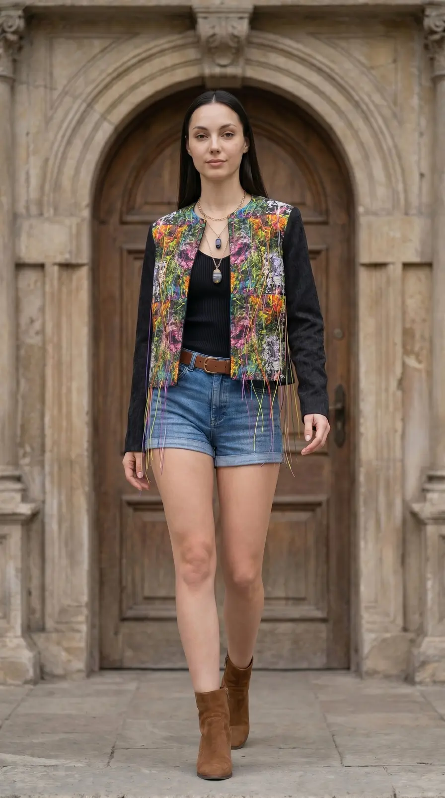 Sobreprenda abierta con estampado abstracto e hilos colgantes — Front View Full Body Dynamic
