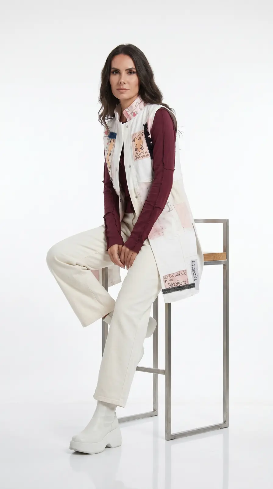Chaleco largo de patchwork artístico — Seated Stool Three Quarter Clasped
