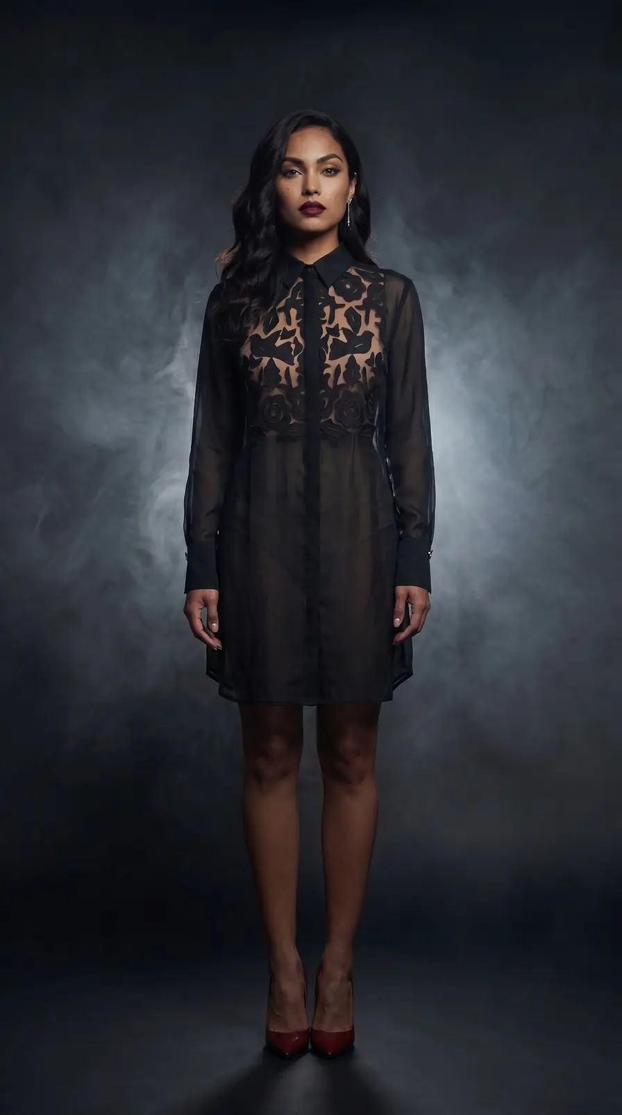 Vestido camisero negro transparente bordado — Pref 666 1777686571995