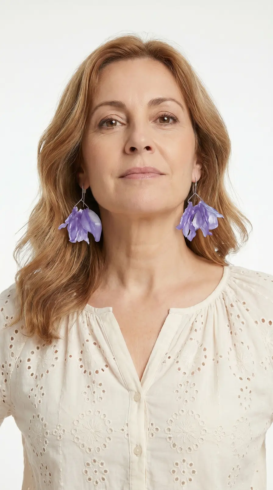 Pendientes largos de pétalos de flores púrpuras translúcidos — Pref 191 1776314275438