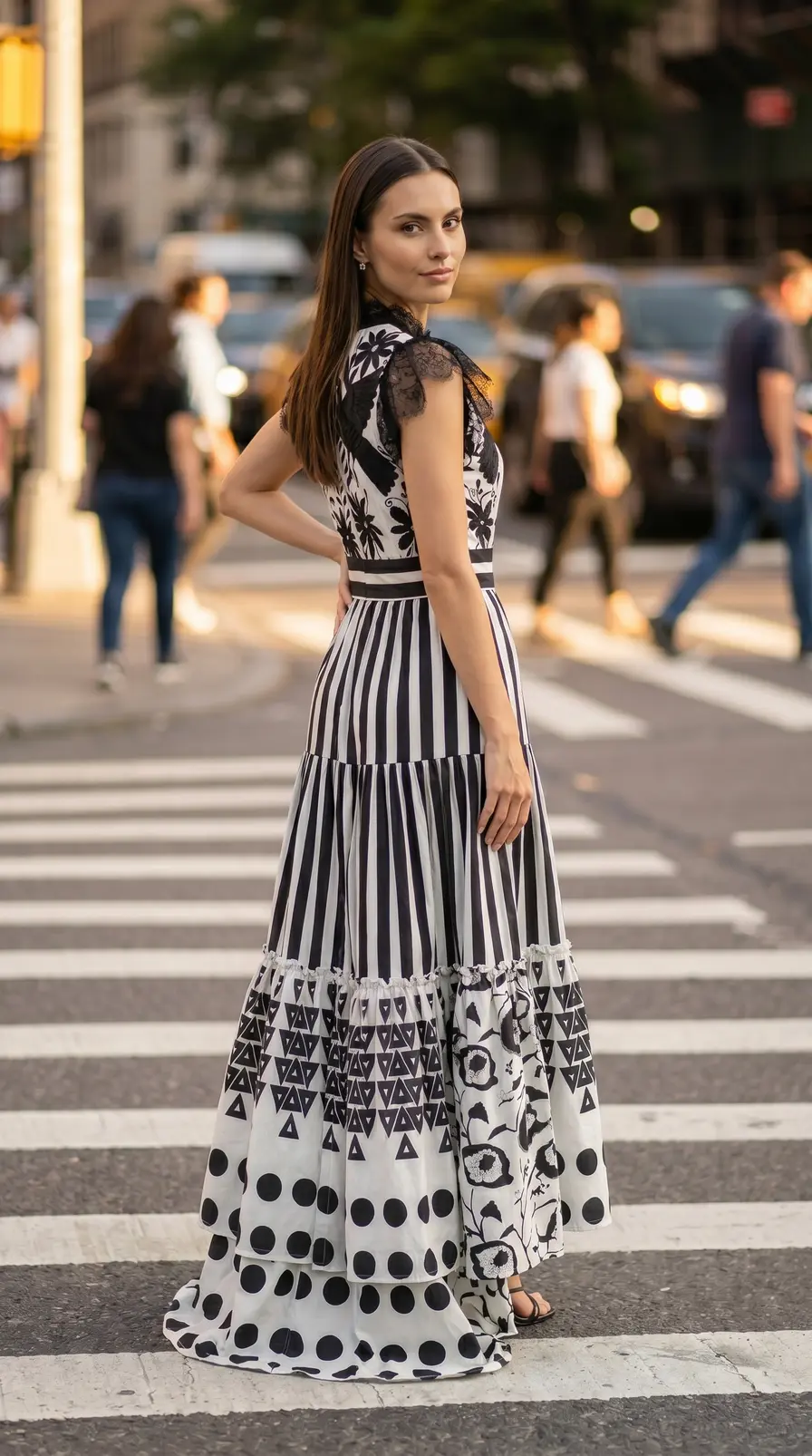 Vestido maxi escalonado con estampado gráfico en blanco y negro — Pref 666 1777686571995