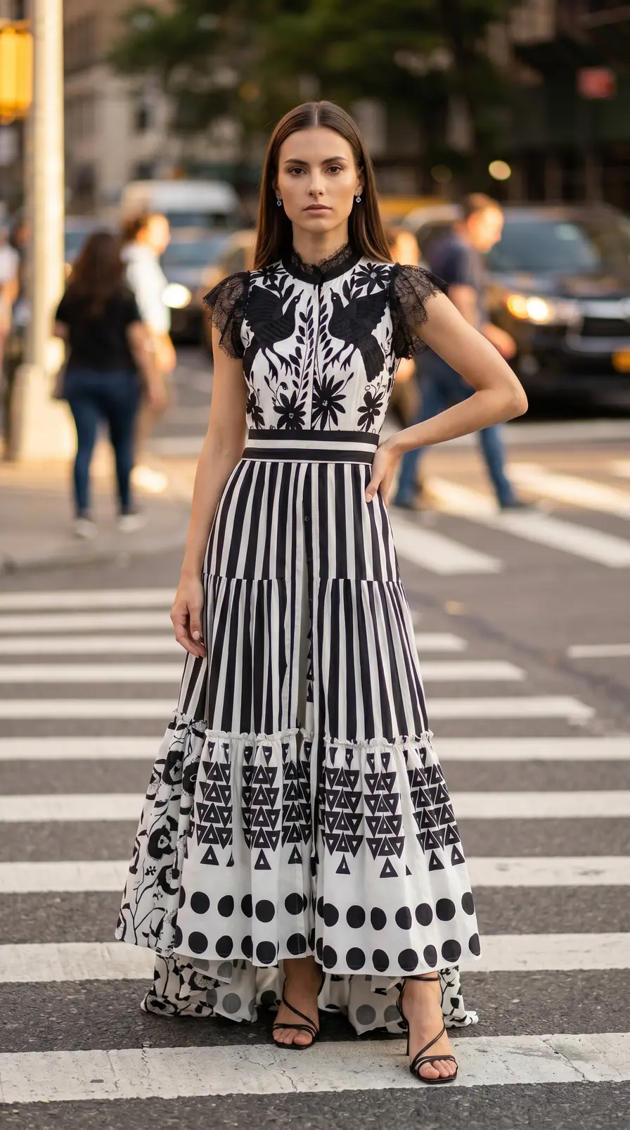 Vestido maxi escalonado con estampado gráfico en blanco y negro
