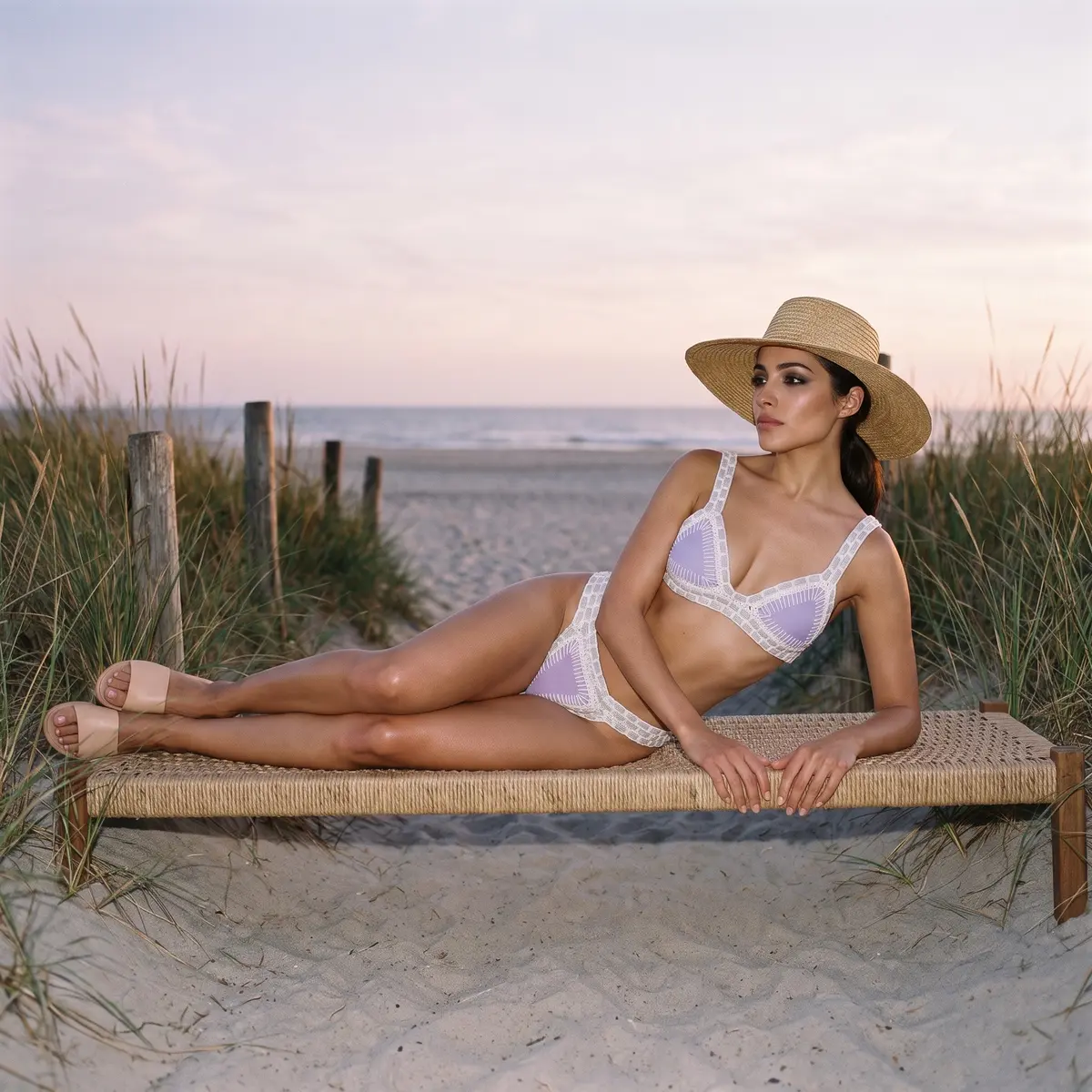 Conjunto de bikini de triángulo de ganchillo con forro lavanda — Side Recline Lounger Bikini