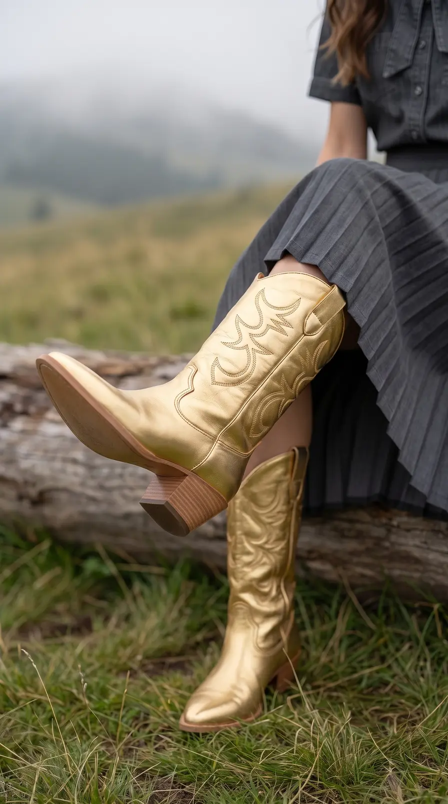 Botas Cowboy Metalizadas Doradas con Tacón de Madera — Detail Footwear Legs Up Product